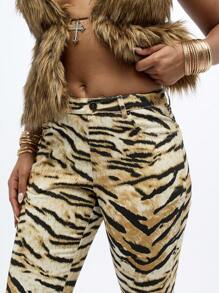 SUMWON WOMEN Tiger Print Statement Flare Jeans Y2K Fashion Wide Leg Bell Bottom Festival Style Animal Print Retro Disco Era Inspired Party Wear - Multicolor - View 4