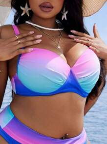 Slaydiva Plus Size Women Casual Ombre Printed Adjustable Strap Halter Bikini Top, Suitable For Holiday And Daily Wear For Summer Beach Vacation