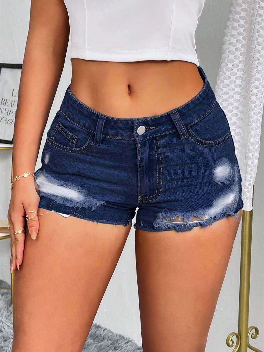 SHEIN Tall 女式休闲做旧口袋牛仔短裤 - 深色水洗藍 - 查看 1