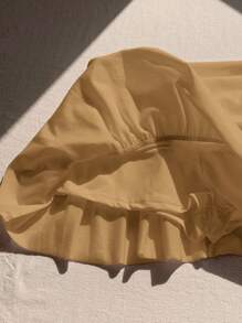 SHEIN Comfortcana 休闲纯色荷叶边下摆迷你裙，夏季 - 卡其色 - 查看 6