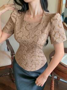 DAZY 优雅简约紧身泡泡袖女式衬衫，返校服装 - 卡其色 - 查看 8