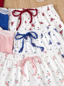 CottageSlumber 3件套浪漫印花撞色蕾丝女士吊带背心和短裤睡衣套装 - 彩色 - 查看 4