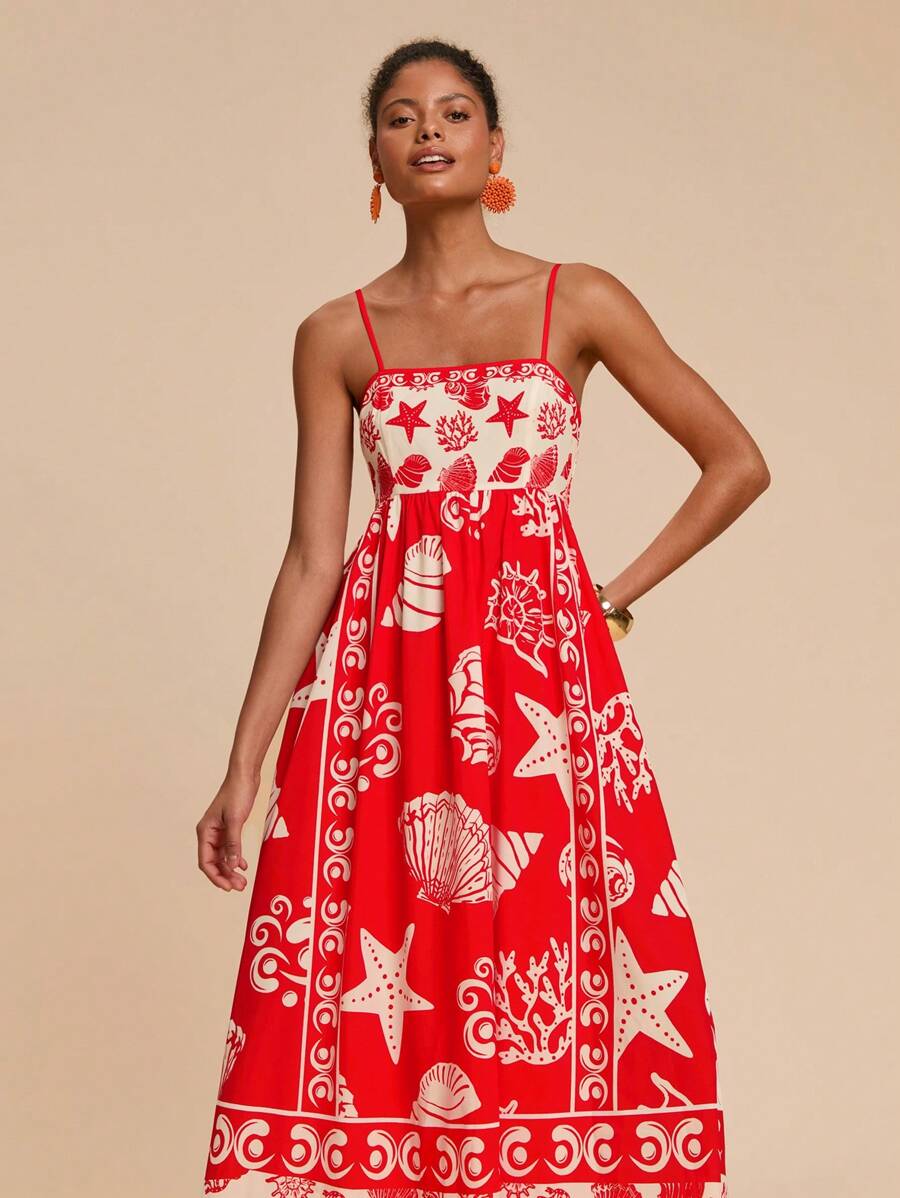 Travachic 度假休闲海洋生物印花高腰 A 字形吊带背心太阳裙