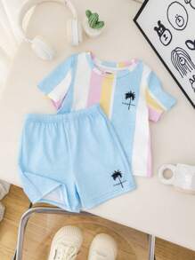 SHEIN Leap Crew 2pcs/Set Baby Boy/Girl Cute Summer Casual Vacation Knit Striped Short Sleeve Top And Elastic Waist Shorts Set - Multicolor - View 5