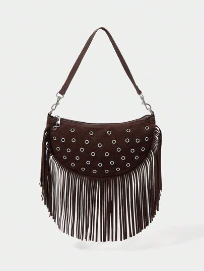 SHECARRY 1pc Bohemian Style Tassels Decorated Western Style Rivet Decor Women Shoulder Bag