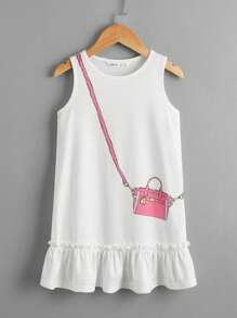 SHEIN Leap Crew 小女童包圖案荷葉邊下擺連衣裙 - 白色 - 查看 1