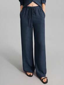 Ontre 2 Pieces Women Summer/Autumn Outfit, Daily Casual Homewear Set, Beach Vacation Clothing, Long Pants + Long Sleeve Shirt Set, Brunch Outfit, Music Festival Attire, Elegant 2 Pieces Summer Set, Party & Business Casual Wear - Navy Blue - View 3