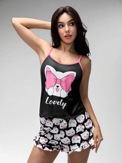 Summer Kawaii Cat Print Falbala Strap Casual Women 2Pcs Pajama Set