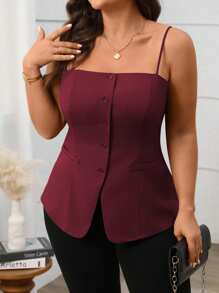 Vionelle 女式法式优雅通勤下午茶派对前扣下摆开叉吊带背心，春夏季 - 紫紅色 - 查看 4