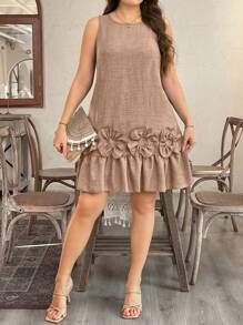 SHEIN LUNE Plus Size Floral 3D Ruffle Hem Straight Dress - Camel - View 1