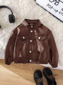 SHEIN 可爱休闲时尚街头皮领棕色夹克，适合男婴和女婴，非常适合秋冬季圣诞派对