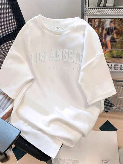 SHEIN EZwear Plus Size 3D Embossed English Slogan Graphic Round Neck Short Sleeve Loose T-Shirt For Plus Size Women Los Angeles California T Shirt Oversized T Shirt