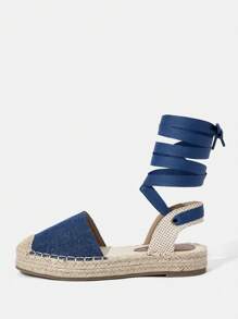 Styleloop 女士帆布踝带坡跟凉鞋，度假鞋，大学生返校鞋，波西米亚复古乡村法式鞋，圣诞节、秋季/新年假期，厚底鞋 - 藍色 - 查看 2