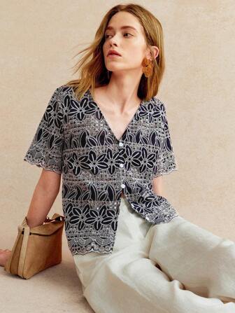 Écloséra 女式复古法式蓝色刺绣短袖V领夏季衬衫