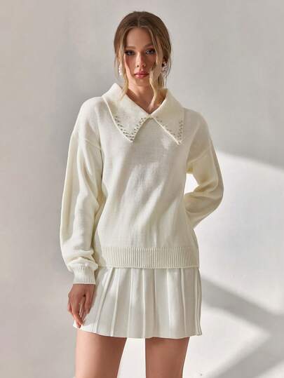 CLARA VERO Damski dzianinowy sweter typu pullover w kolorze kremowej bieli, gładki, z kołnierzem z detalami z cyrkonii i obniżoną linią ramion, top/jumper dla kobiet