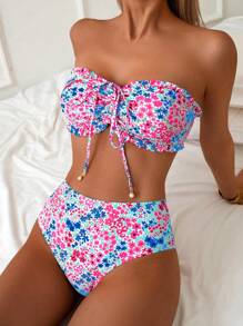 SHEIN Swim 女士海滩夏季服装：新款可爱碎花抹胸荷叶边甜美碎花，搭配精致珍珠吊坠抽绳比基尼套装 - 彩色 - 查看 1
