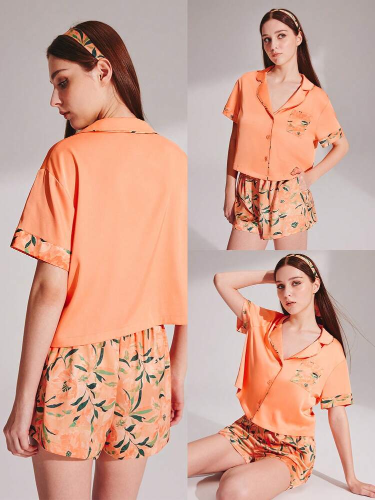 シルキーサテン コントラストトリム オレンジ リゾート フローラルパターン 半袖 ベーシック ボタンアップトップ&ショーツ エアリー ルームウェア パジャマセット ボクサーセット レディースランジェリー、春夏