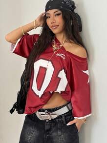 Coolane Tween Girls Spring/Summer Y2K Going Out Game Day Streetwear Number Pattern Over Size Jersey T-Shirt - Burgundy - View 3