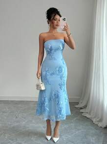 Rafferiza 女士度假风网眼3D花卉装饰无袖连衣裙 - 藍色 - 查看 4