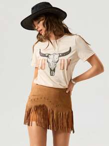 SHEIN LUNE Áo thun cổ tròn tay ngắn in họa tiết longhorn miền Tây rộng rãi thoải mái dành cho nữ, phù hợp cho mùa thu/đông - Màu be - Xem 1