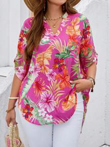 EMERY ROSE 大码女式热带植物印花V领卷袖衬衫 - 彩色 - 查看 4