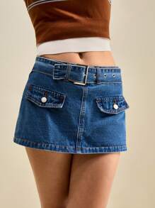 Muvela 女式蓝色牛仔短裙带口袋，低腰迷你裙裤配腰带，INS风，休闲学院风 - 中等水洗藍 - 查看 3