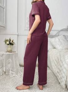 SHEIN Women's Embroidered Bear Pocket Contrast Trim Short Sleeve Top And Pants Pajama Set - Redwood - View 2