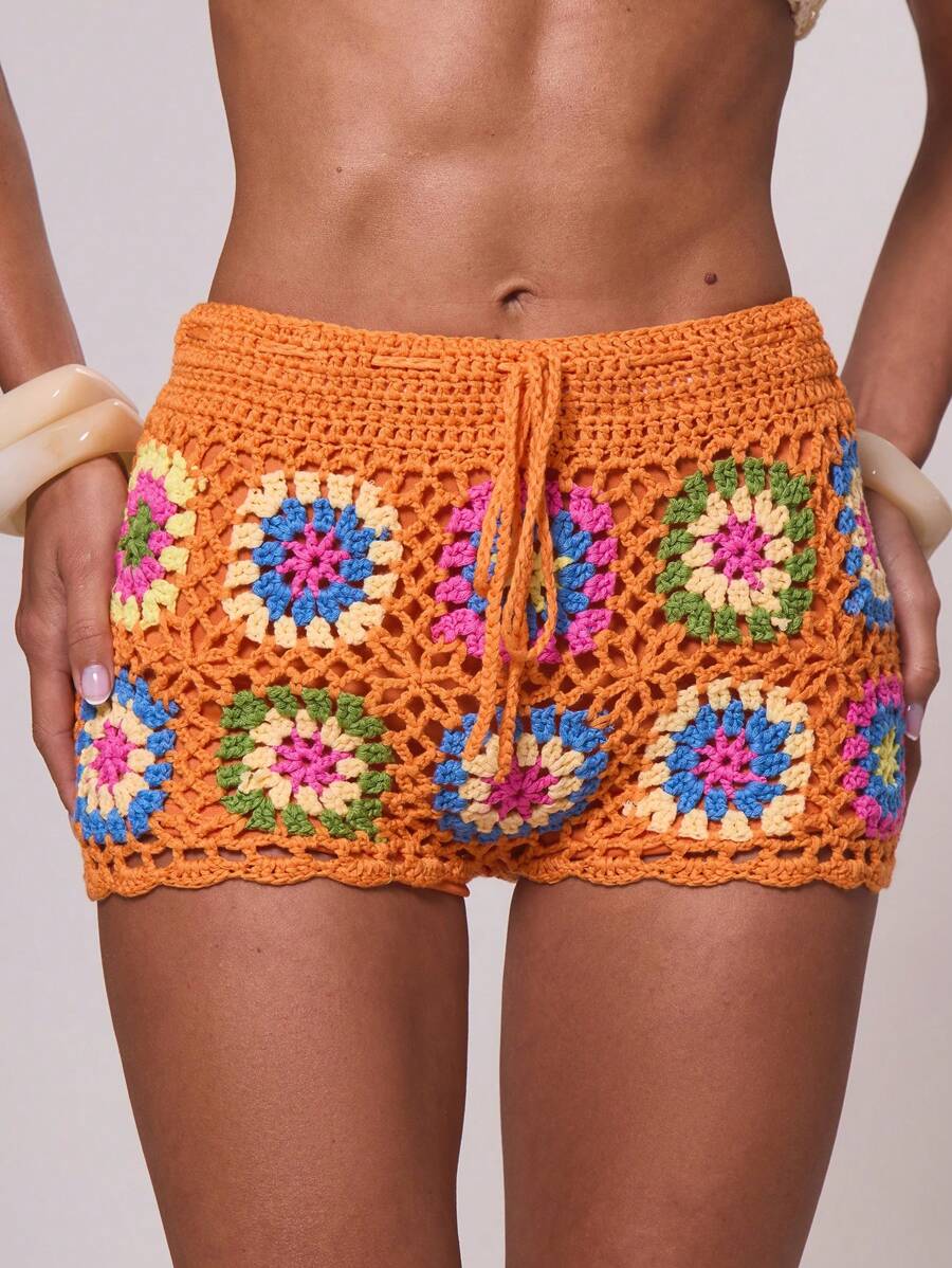Musera Resort Crochet Knit Beach Vacation Cover Up Shorts Summer Beach Vacation Spring Festival - Orange - View 1