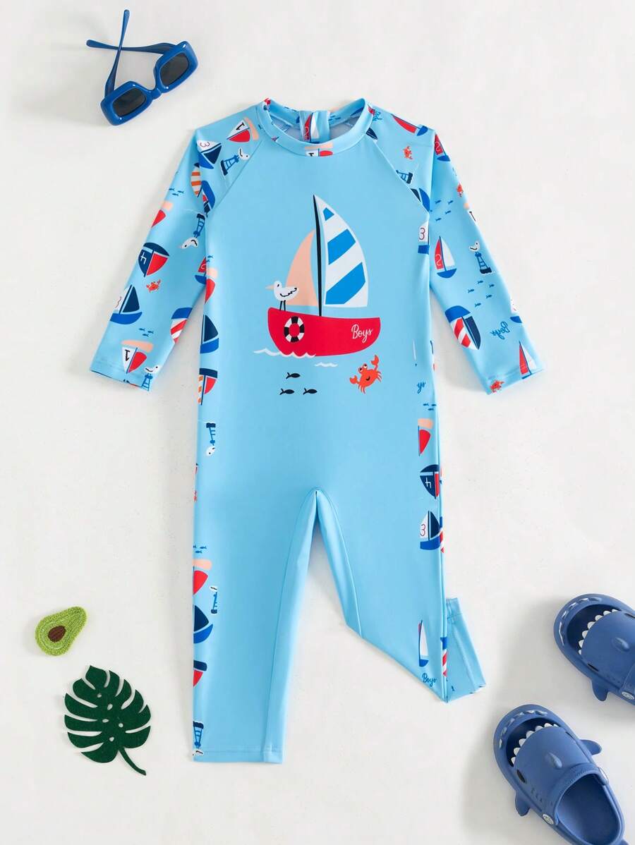 Baby Boys Swimwear, Casual Digital Boat Printed Polyester Swimsuit, Suitable For Summer, Beach, Swimming, Fashionable And Cool - Blue - View 1
