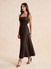 SHEIN Tall 女式纯色侧褶长裙 - 棕色 - 查看 5