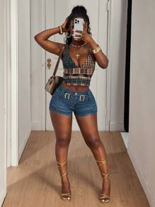 Slaydiva Short en jean casual à ajustement serré avec boucle réglable pour femmes - Jean bleu - Voir 7