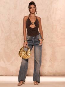 SHEIN BAE Summer Shades Of Brown 70's Club Night Party Disco Halterneck Metal Buckle Elegant Tight Bodysuit,Coffee Brown Music Festival Vacation Clothing - Brown - View 4