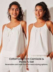 LUVLETTE 透气100%纯棉白色花卉刺绣蕾丝边性感吊带背心和裤子家居服轻盈睡衣套装时尚休闲舒适套装裤子带口袋内衣外穿新娘内衣和睡衣