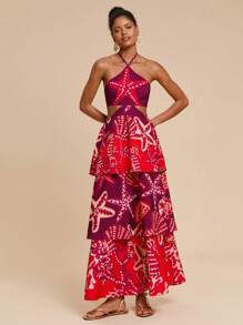 Travachic Summer Outdoor Holiday Date Dress, Beach Halter Dress With A Hollowed-Out Waistband At The Back And A Front And Middle Slit For Ventilation, Summer Beach Dress For Vacation, School Uniform, Very Simple Outfit, Office Outfit, Old Money Outfit, Teacher Outfit, Date Outfit, Ladies' Independence Day Dress, Graduation Season, Summer Wedding Season Sister Afternoon Tea Party Festival Dress - Multicolor - View 5