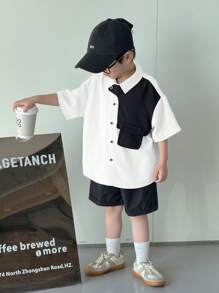 SHEIN 2pcs/Set Baby Boy Or Girl Casual Versatile Contrast Color Lapel Short Sleeve Cardigan & Elastic Waist Shorts Set - Black and White - View 5