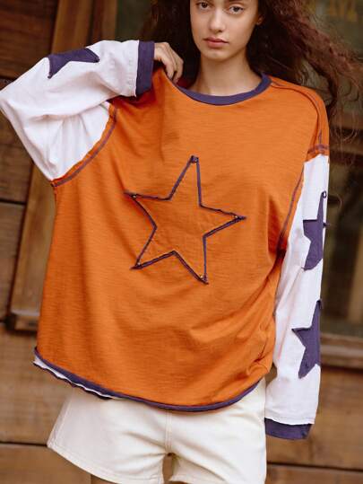 Easelle Sudadera casual de mujer con cuello redondo, hombros caídos y estampado de estrella en contraste