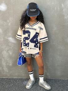 Coolane Kids Tween Girls Summer/Fall Streetwear Vintage Y2K Number Pattern Graphics Baseball Jersey,Jersey T-Shirt,Y2K,Streetwear, Back To School - Pink - View 5