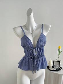 Sweetra Ladies Blue Plaid Drawstring Waist Romantic Vacation Camisole, Summer