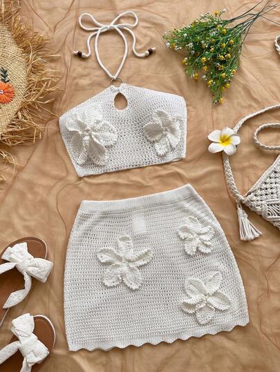 Soleia 2 件性感露肩镂空木珠装饰修身度假装，针织短款上衣和迷你裙，适合度假、约会、下午茶、音乐节、波西米亚风、波西米亚风度假