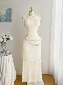 Comfortcana 夏季纯色荷叶边上衣和长款中长裙两件套休闲套装，大码可选，假日风格