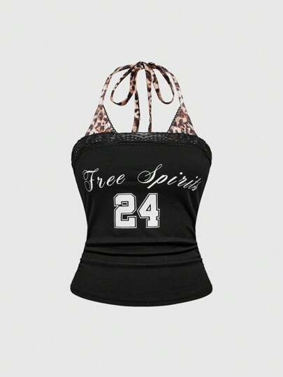 Street Life California Girl Streetwear Cropped Vest, Leopard Print Patchwork & Slogan Design, Tight Fitted Racerback Tank Top For Women