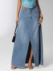 Aloruh Women's Casual Low-Waist Bodycon Front Slit Mermaid Hem Denim Maxi Skirt, Night Out - Light Wash - View 1