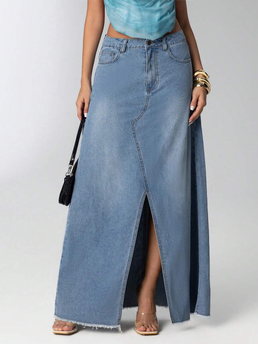 Aloruh Women's Casual Low-Waist Bodycon Front Slit Mermaid Hem Denim Maxi Skirt, Night Out - Light Wash - View 1