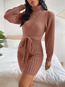 EURMUSE Turtleneck Ribbed Knit Belted Sweater Dress - Pink - View 4