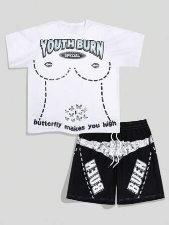 Street Life Set de 2 piezas: Camiseta de manga corta con estampado gráfico y pantalón corto con cordón en la cintura, estilo casual de verano para hombres