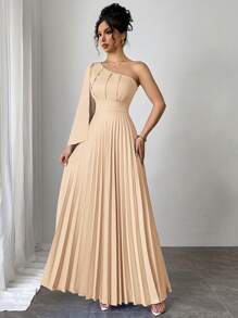 Firerie 全新百搭浅蓝色褶皱无袖连衣裙，适合女士度假装，度假装，太阳裙 - 駝色 - 查看 1