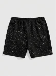ROMWE MEN Street Life Men's Rhinestone Drawstring Waist Pocket Loose Shorts - Black - View 2