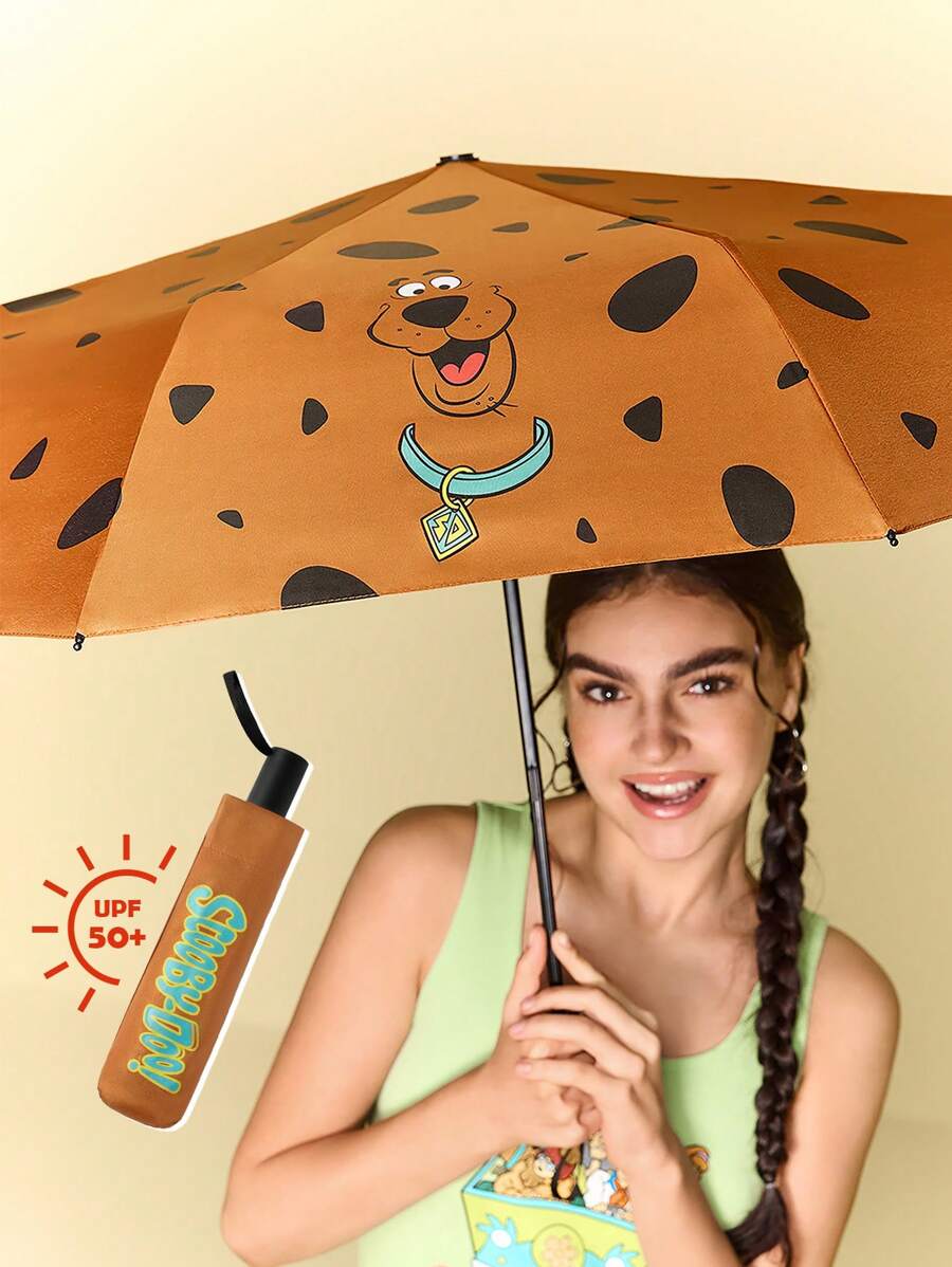 SCOOBY-DOO X SHEIN 1pc Cute Cartoon Pattern Printed Automatic Opening And Closing Umbrella, Comes With Sunscreen Function, Suitable For School, Work, Outings, And Daily Use, Suitable For College Students, High School Students, And Women - Brown - View 1