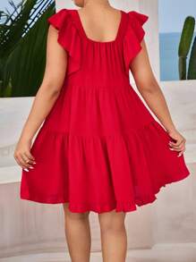 Flirla Plus Size Square Neck Elastic Cap Sleeve A-Line Frill Trim Dress - Red - View 2