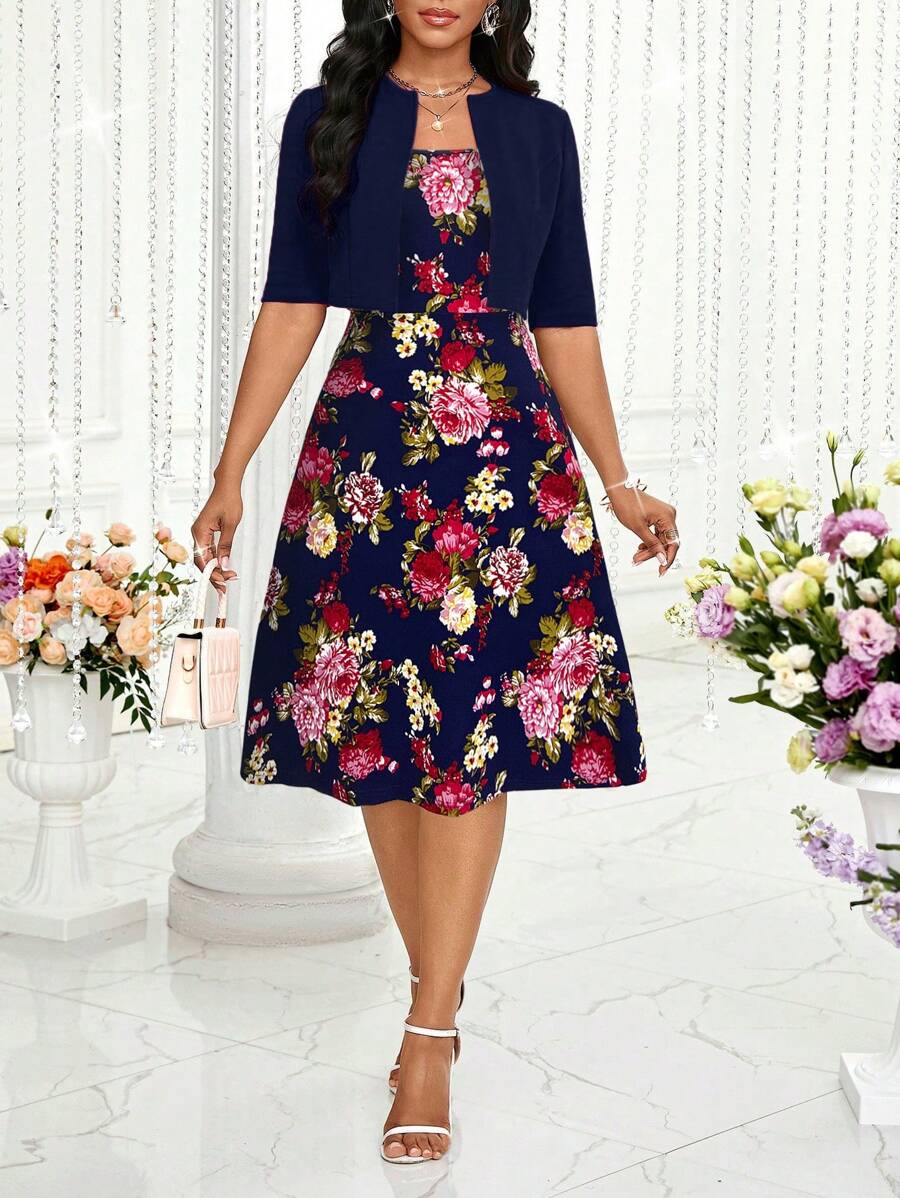 SHEIN Lady Spring And Summer Romantic Bright Colors Light Mature Temperament Elegant Long Skirt And Short Jacket Two Pieces Set - Navy Blue - View 1